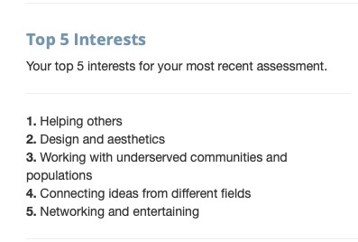 screen shot of "Top 5 Interests" assessment. 1. Helping others 2. Design and aesthetics 3. Working with underserved communities and populations 4. connecting ideas from different fields 5. Networking and entertaining 