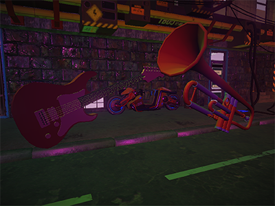guitar and trumpet floating in garage